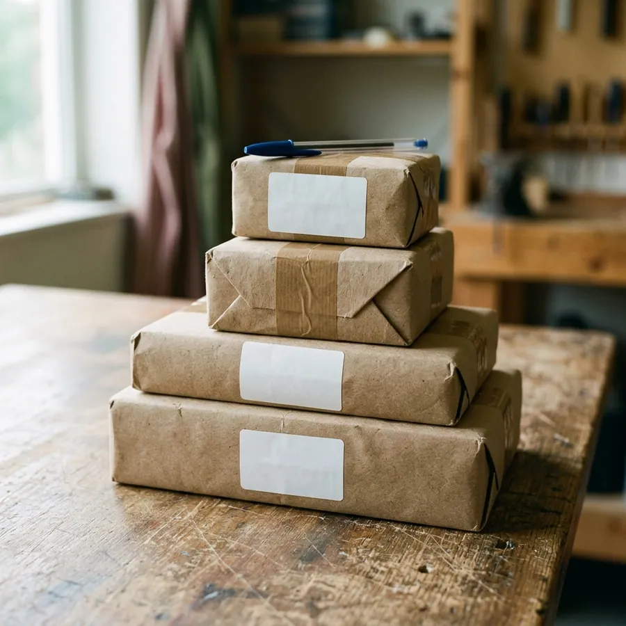 Cuatro paquetes de papel madera apilados sobre una mesa de madera, cada uno con su etiqueta en blanco y una birome encima
