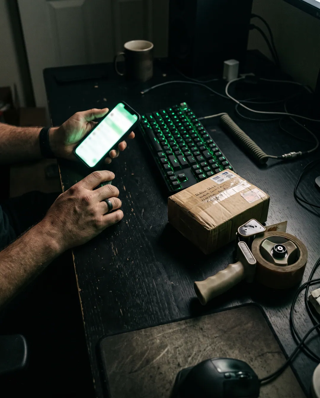 Manos sobre un escritorio oscuro: una sostiene un teléfono con un chat fuera de foco, al lado un teclado con luz verde, un paquete de cartón cerrado y una cinta de embalar