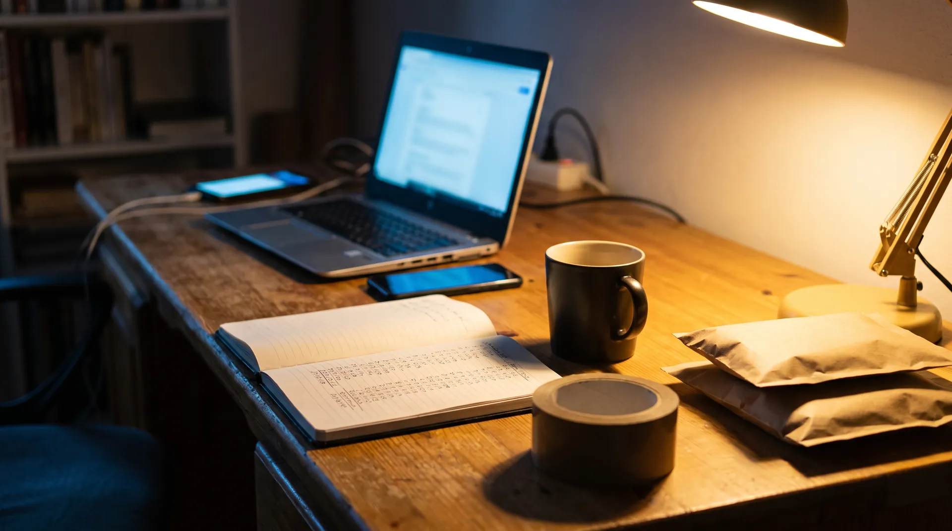 Escritorio de noche con una notebook y un teléfono encendidos, un cuaderno de cuentas abierto, cinta de embalar y dos paquetes de papel madera