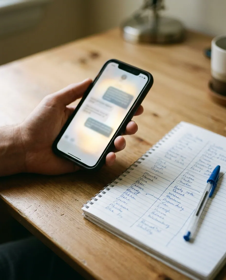 Una mano sostiene un teléfono con una conversación fuera de foco, apoyada sobre un cuaderno rayado anotado a dos columnas