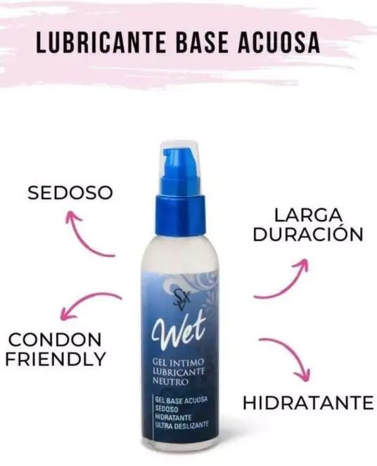 Frasco con dosificador del gel íntimo lubricante neutro Wet, de base acuosa, sobre un fondo claro.