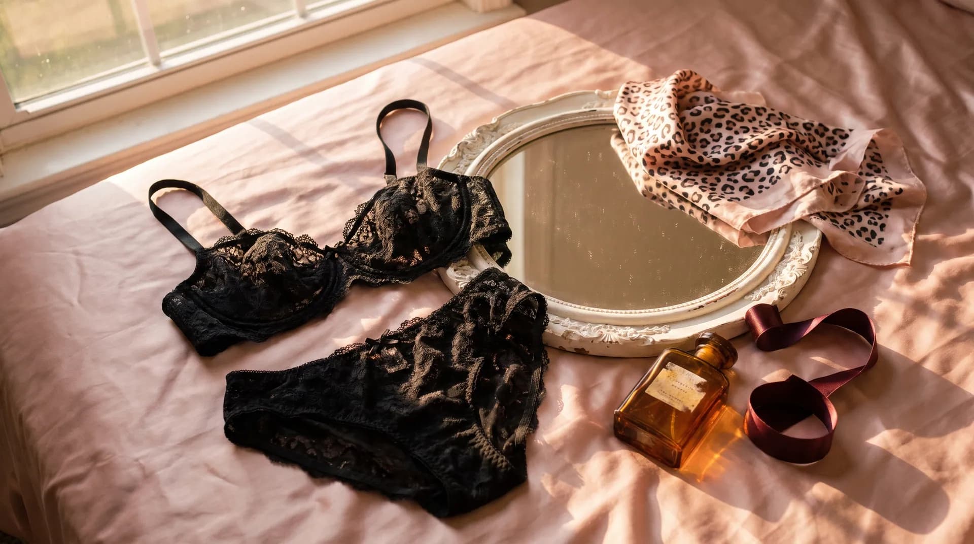 Un conjunto de encaje negro sobre una sábana rosa, al lado de un espejo oval de marco blanco tallado, un pañuelo animal print, un perfume y una cinta bordó, con la luz de la tarde.