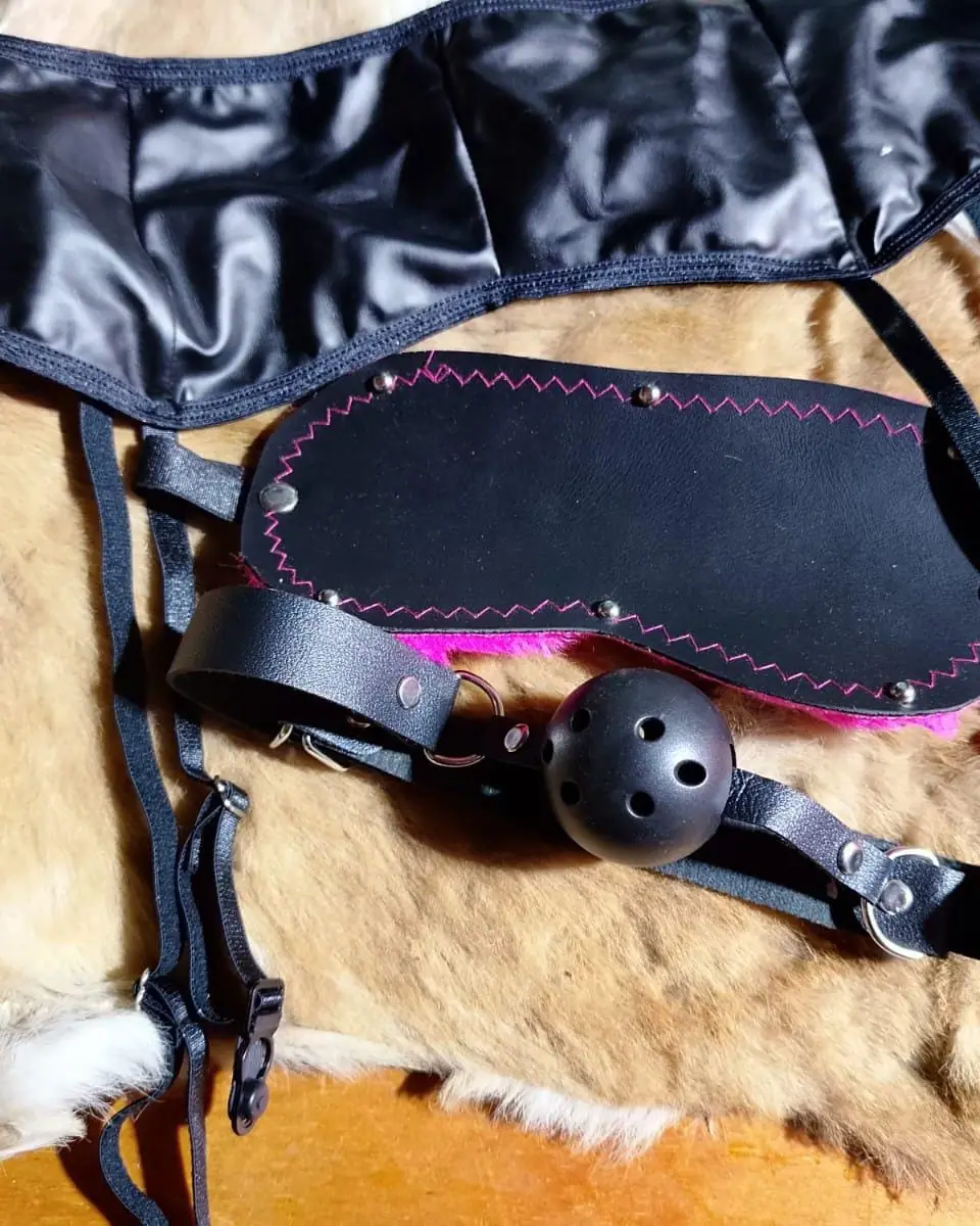 Las tres piezas del set sado negro apoyadas una al lado de la otra: el portaligas engomado con sus tiras y hebillas, el antifaz ciego de eco cuero con costura y peluche fucsia, y la mordaza de eco cuero con la pelota perforada.