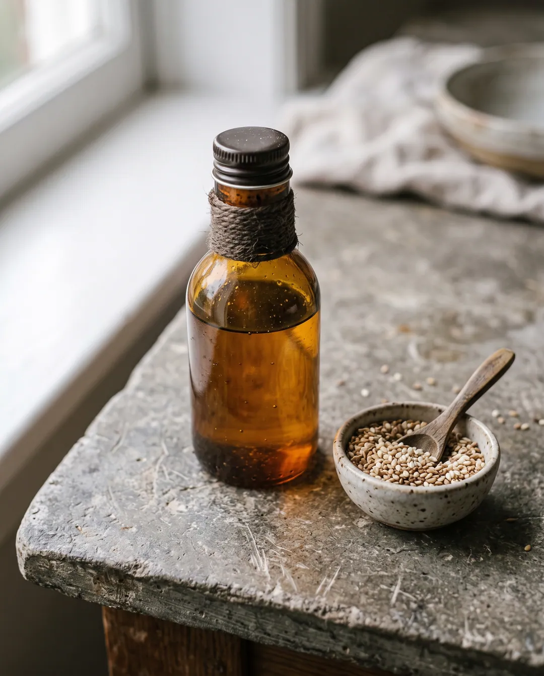 Botella ámbar de aceite de sésamo con un cuenco chico de semillas de sésamo y una cuchara de madera