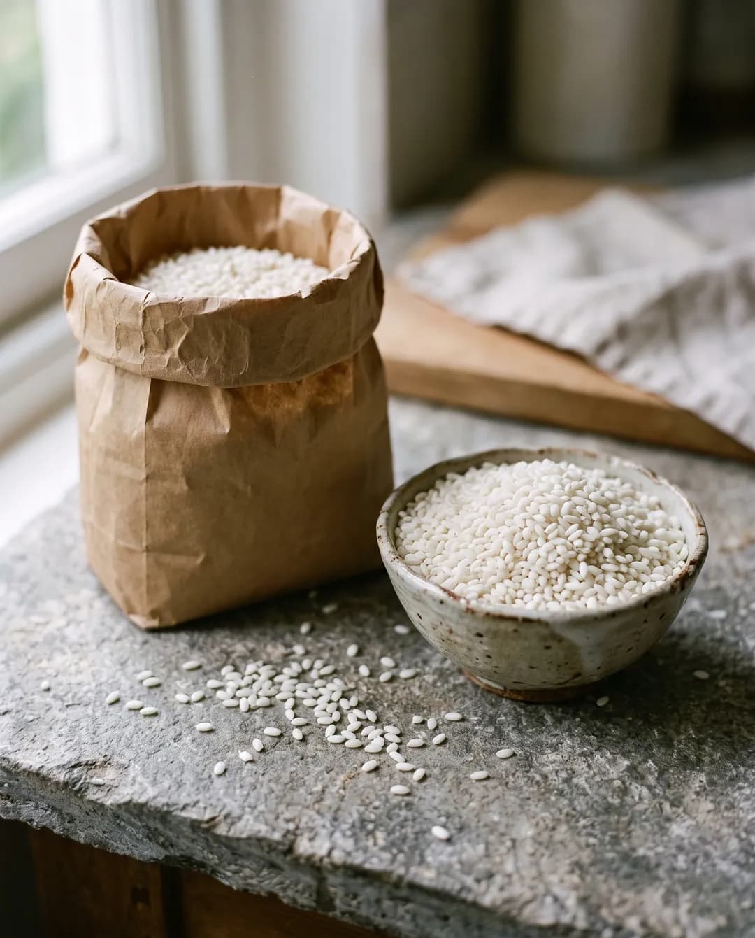 Bolsa de papel abierta con arroz glutinoso y un cuenco de cerámica lleno de granos sobre una mesada de piedra