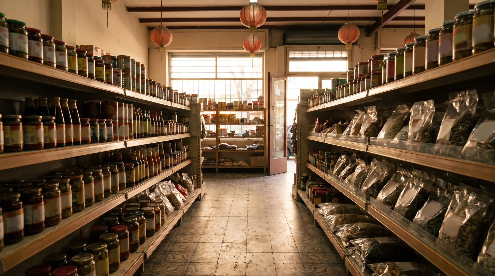 Pasillo de un supermercado de productos importados con góndolas llenas de frascos, latas y paquetes, farolitos rojos colgando del techo y la luz de la tarde entrando por la vidriera