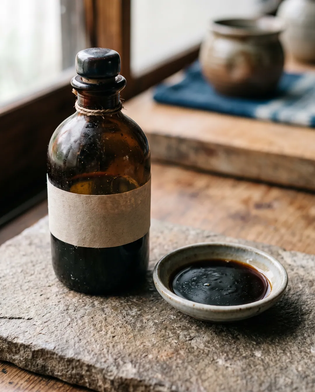 Botella de vidrio oscuro de salsa de soja junto a un platito con salsa servida sobre una piedra