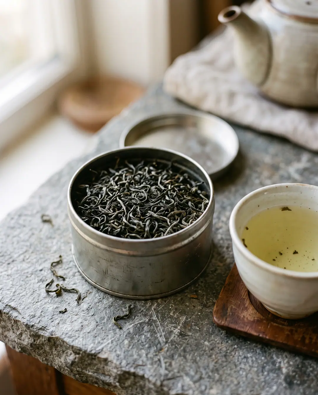 Lata abierta con hebras de té verde y una taza de porcelana con té recién servido