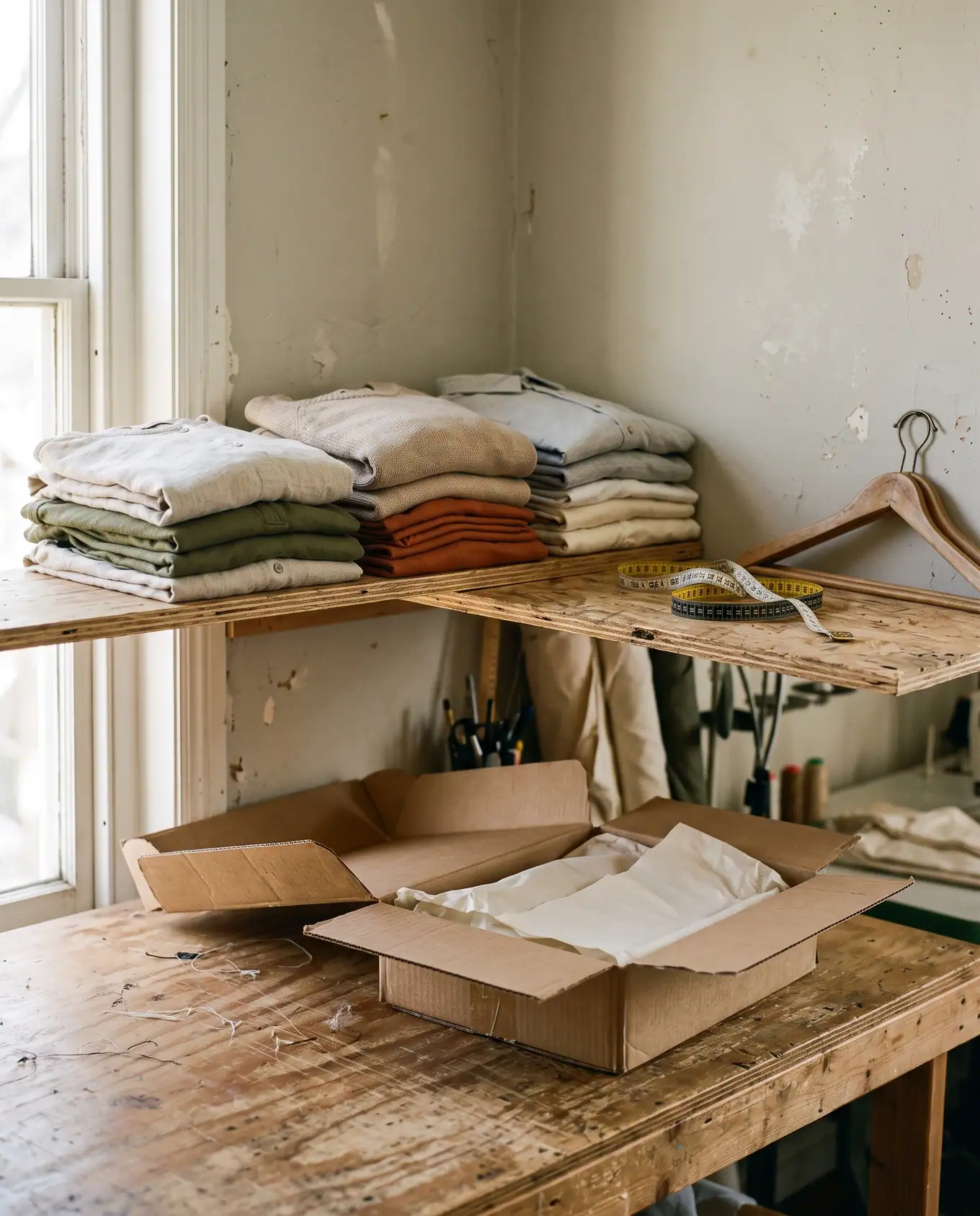 Estante con prendas dobladas, una cinta métrica y una caja de envío abierta con papel de seda sobre la mesa del taller