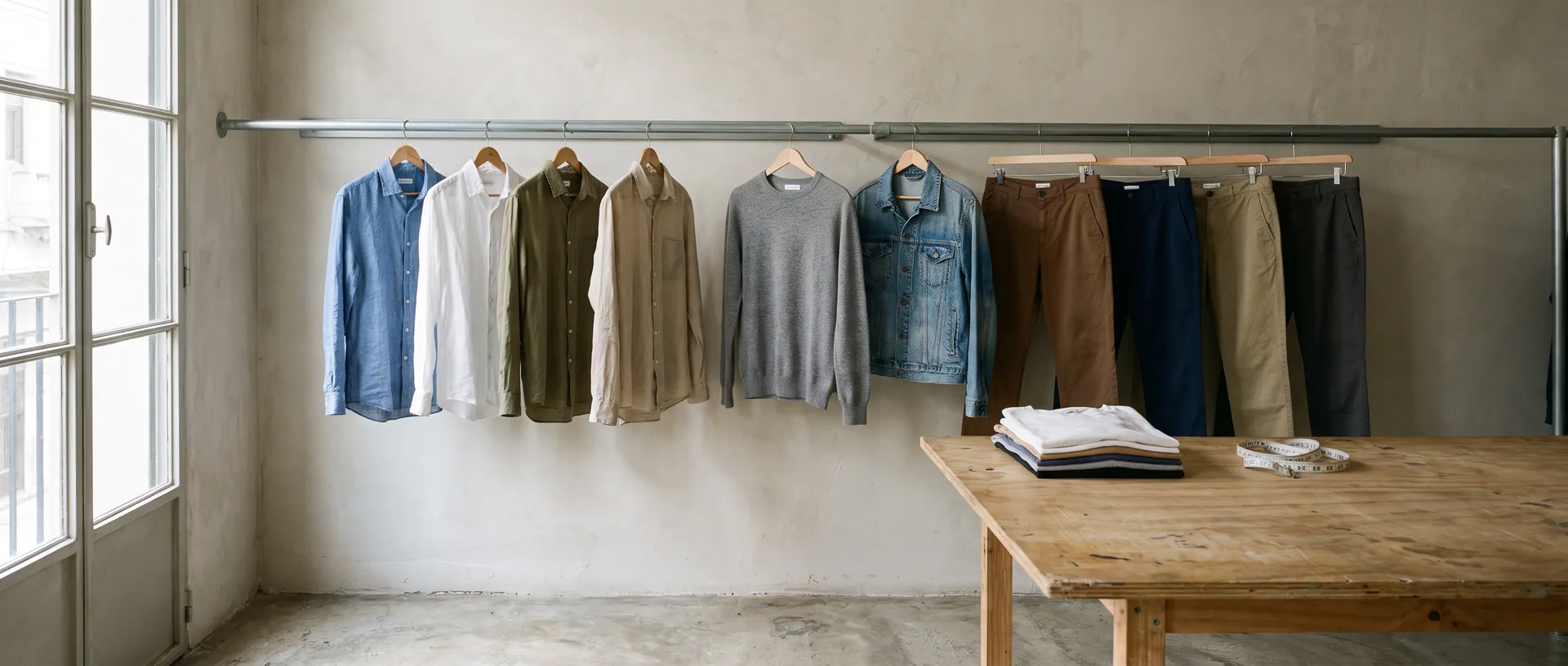 Perchero de caño con camisas, un sweater, una campera de jean y pantalones colgados en un taller de ropa, con una mesa de madera y remeras dobladas