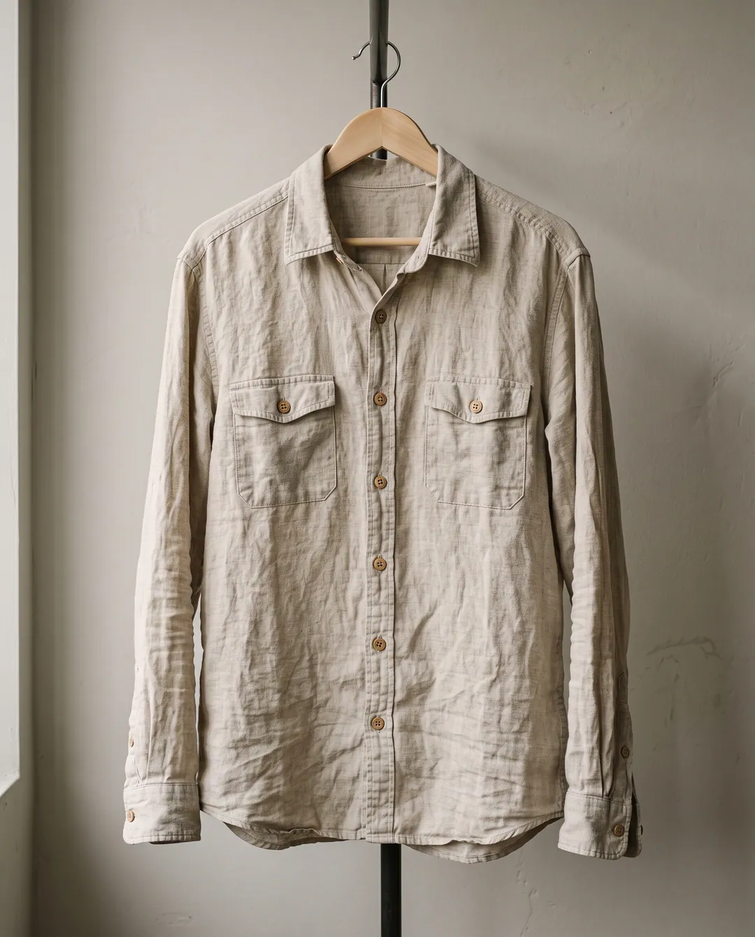 Camisa de lino lavado color crudo colgada de una percha de madera