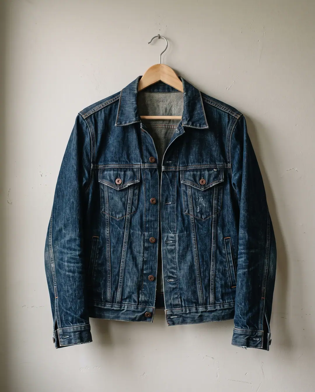 Campera de jean azul índigo colgada de una percha de madera