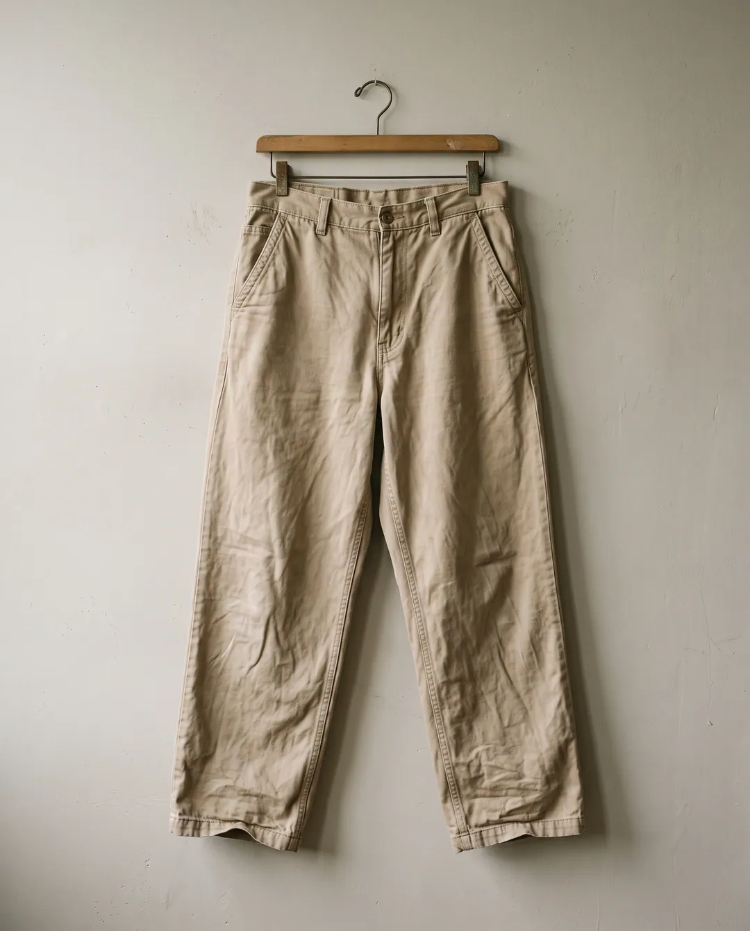 Pantalón de gabardina beige colgado de una percha con pinzas