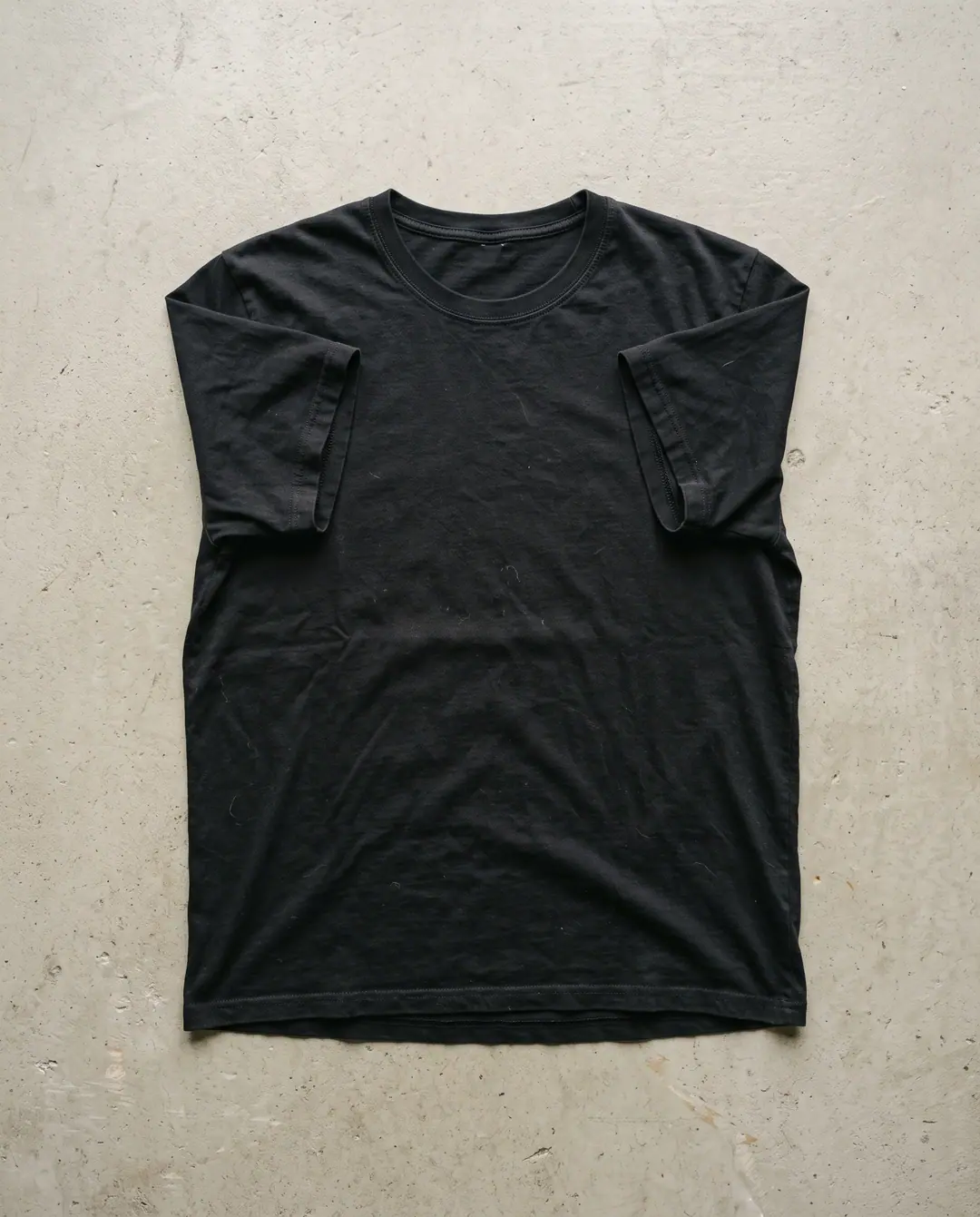 Remera negra de algodón doblada y apoyada sobre un fondo claro