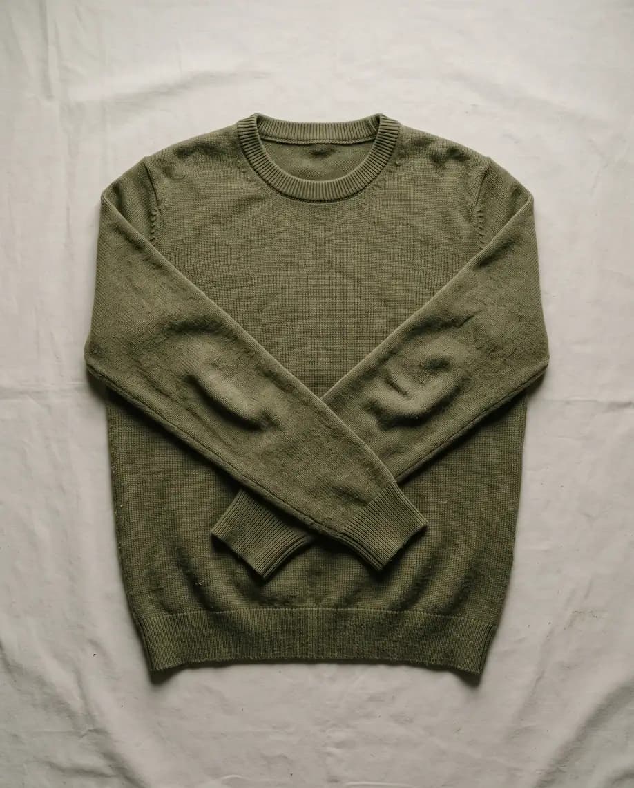 Sweater de hilo verde oliva con cuello redondo, apoyado con las mangas cruzadas