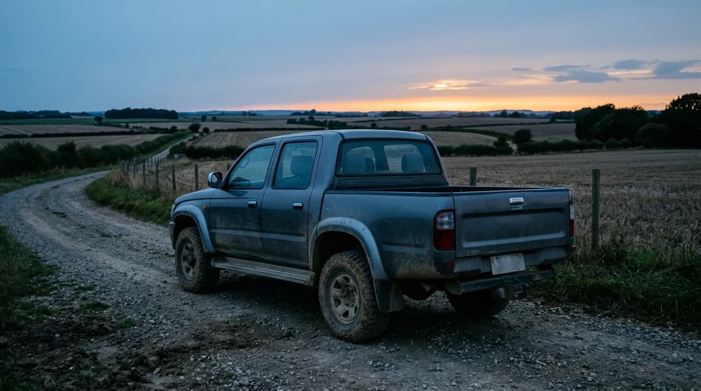 Pick up doble cabina 4x4 gris sobre un camino de ripio al atardecer, con campo alrededor