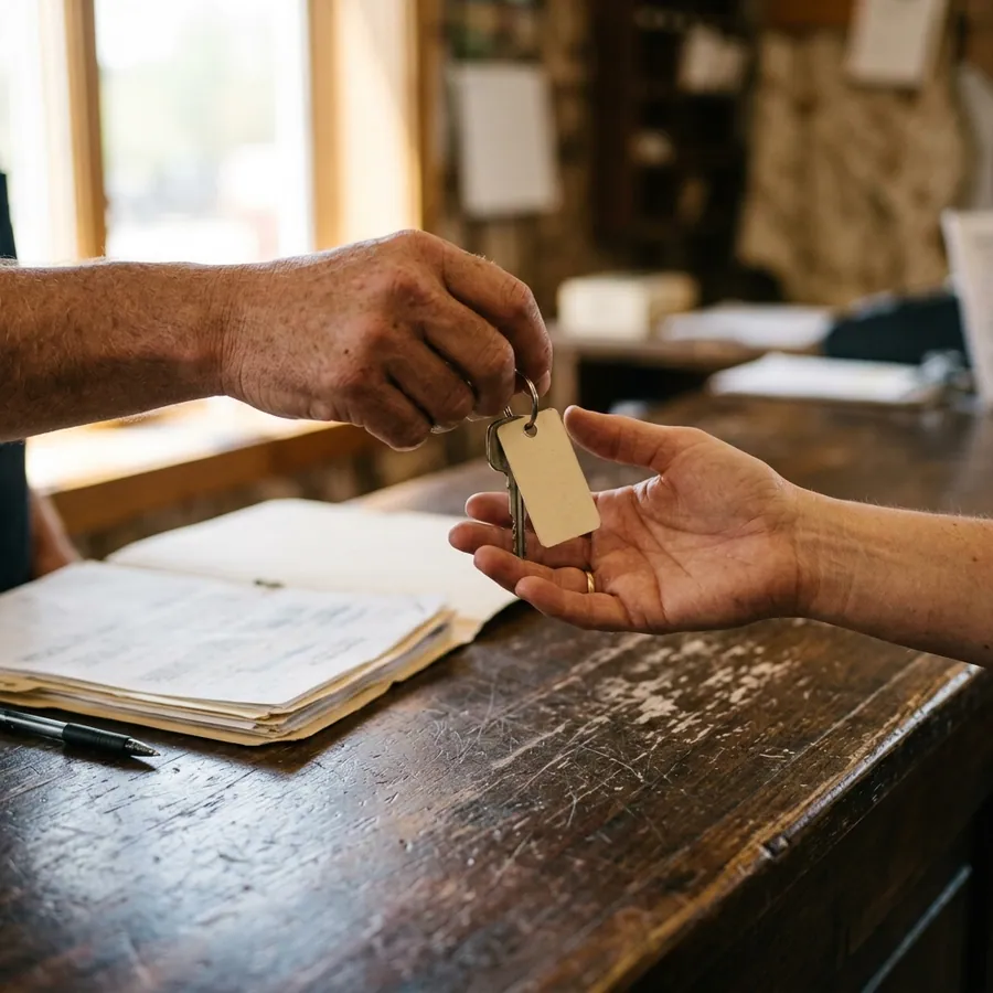 Una mano entrega la llave de un vehículo con su etiqueta de cartón sobre un mostrador de madera, al lado de una carpeta de papeles