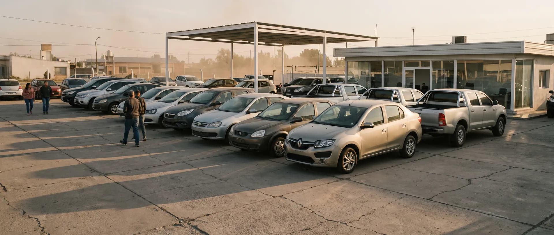 Playón de una concesionaria al atardecer, con autos y camionetas estacionados en diagonal bajo un tinglado