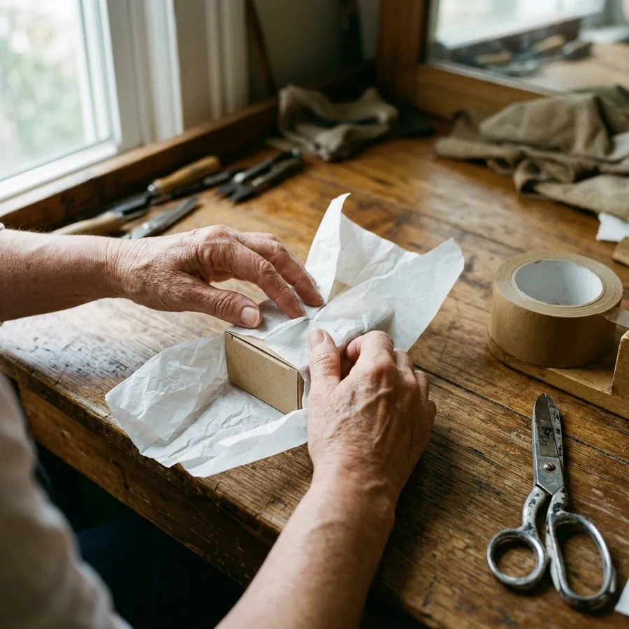 Dos manos envolviendo en papel de seda una caja chica de perfume sobre una mesa de madera, con cinta de papel y tijera al lado.