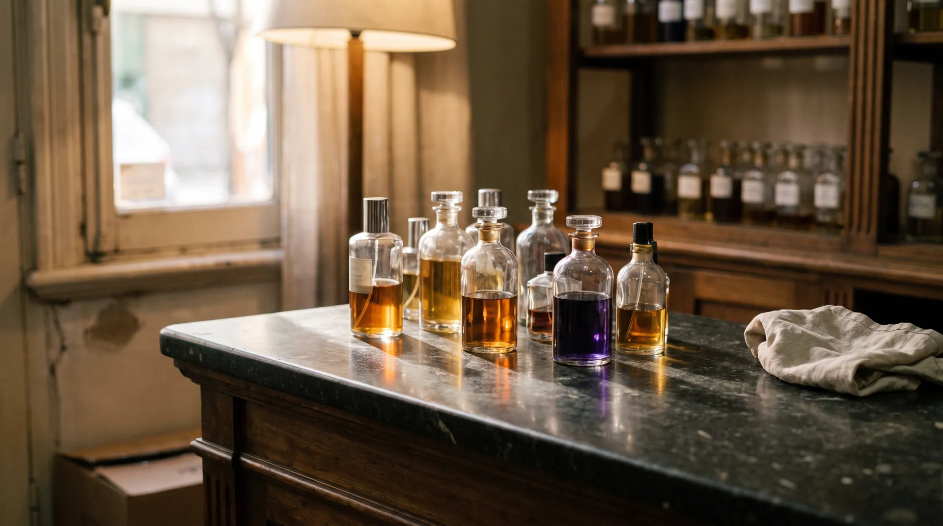 El mostrador de mármol oscuro de una perfumería al atardecer, con frascos de vidrio de distintas alturas: ámbar, dorado y uno violeta, y la vitrina llena al fondo.