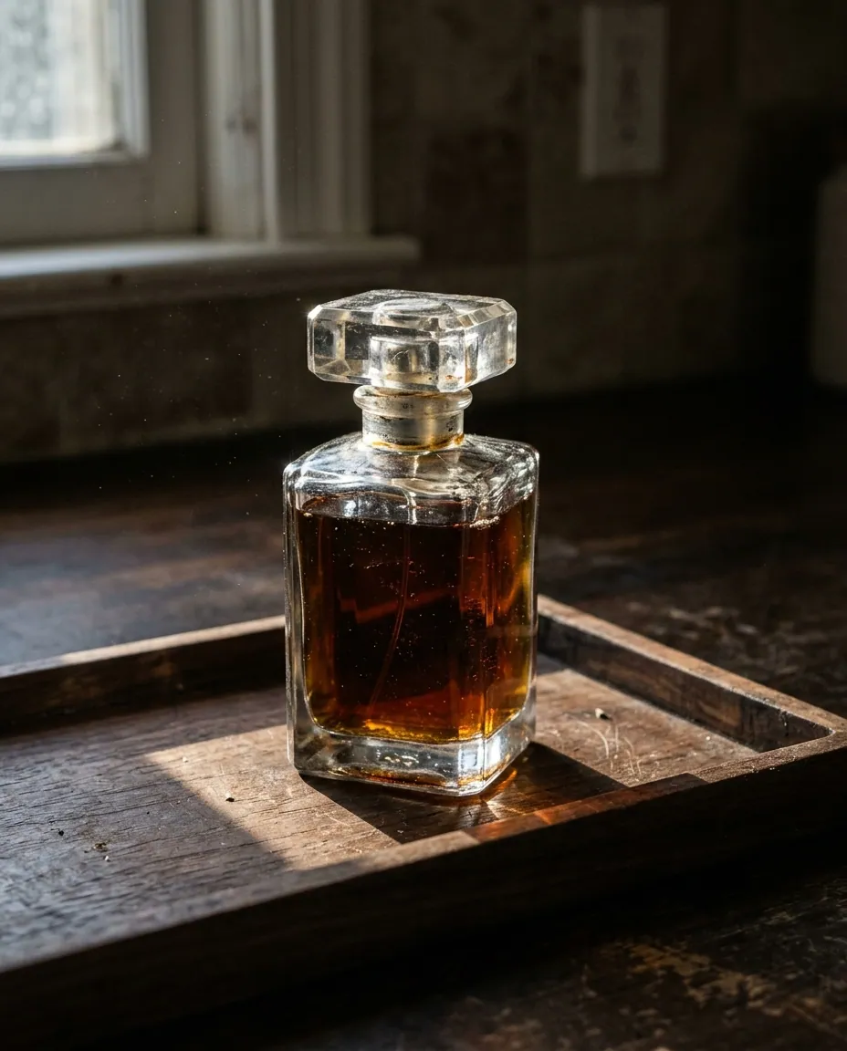 Un frasco grande de vidrio pesado con tapón facetado, lleno de perfume ámbar, sobre una bandeja de madera oscura cruzada por un rayo de sol.