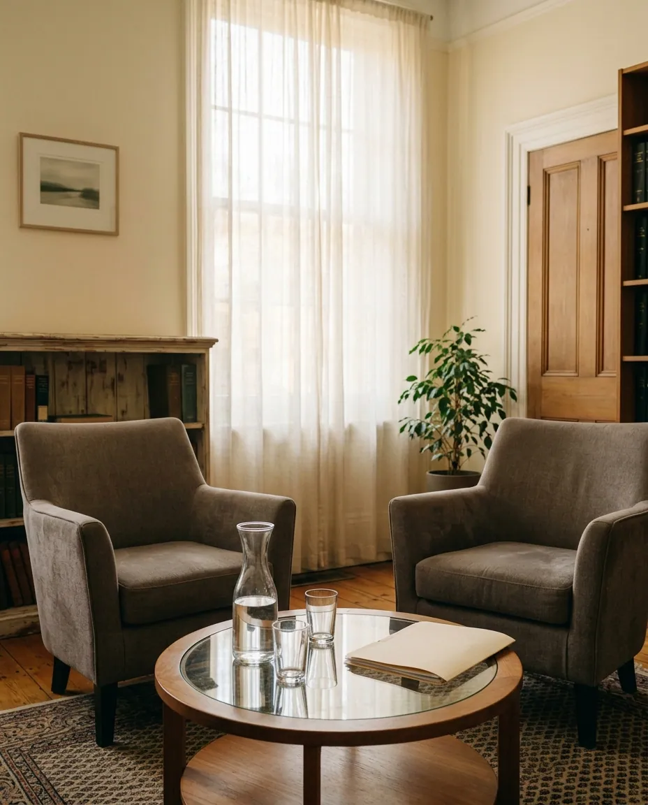 Dos sillones enfrentados y una mesa baja con una jarra de agua, junto a una ventana con cortina de voile.