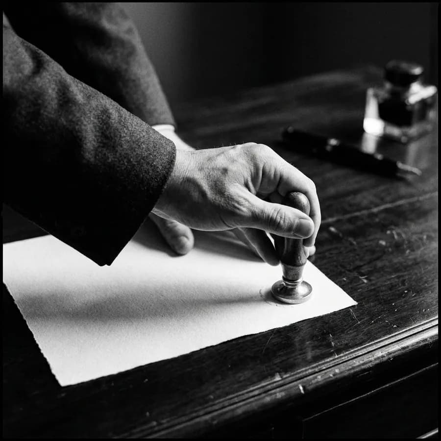 Una mano apoya un sello de relieve sobre la hoja de un documento, en un escritorio oscuro