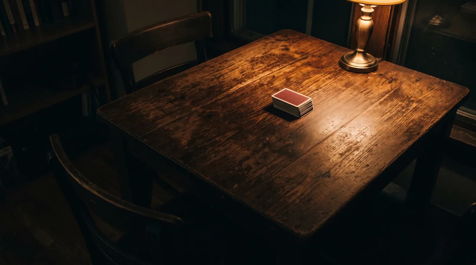 Mesa de madera vacía con un mazo apilado bajo la luz de una lámpara, vista desde arriba, de noche