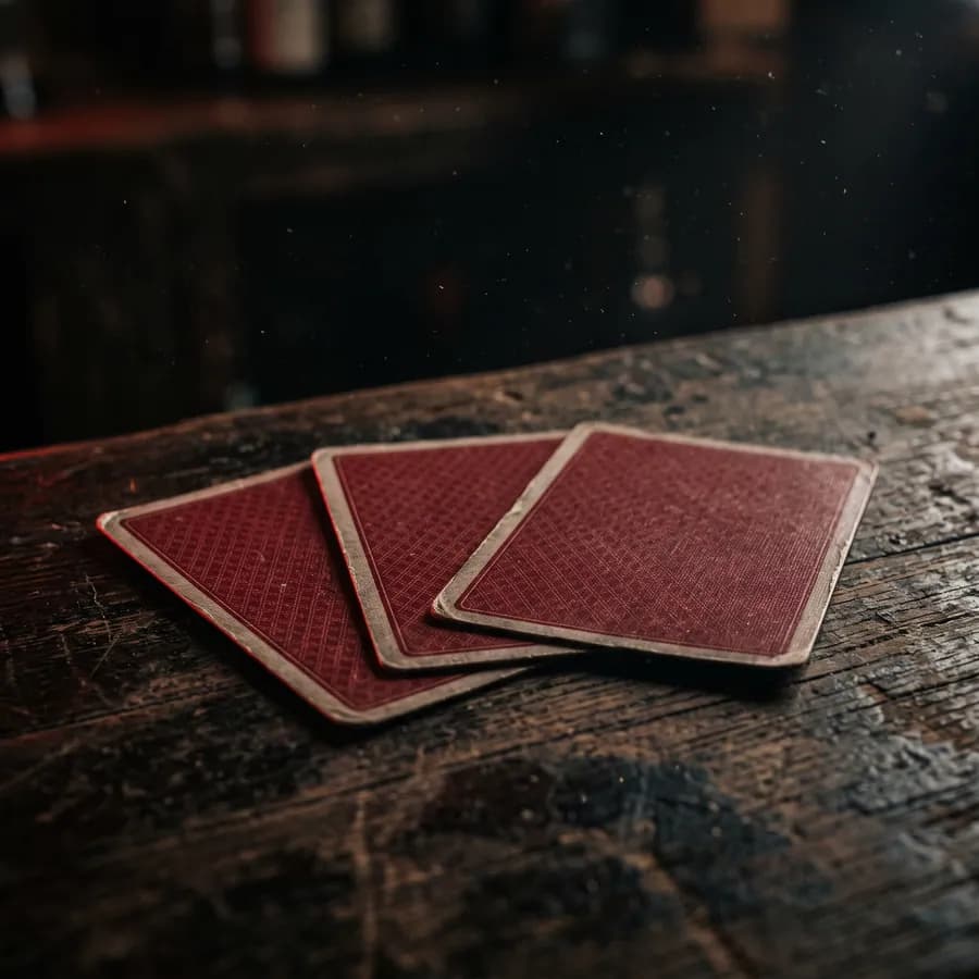 Tres cartas boca abajo, abiertas en abanico sobre madera oscura, con un filo de luz roja en los bordes