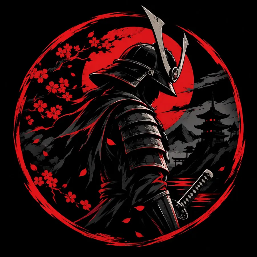 Emblema de Mateo Taumehimer: un samurái de espaldas con la katana al hombro, recortado sobre un círculo rojo y ramas de cerezo