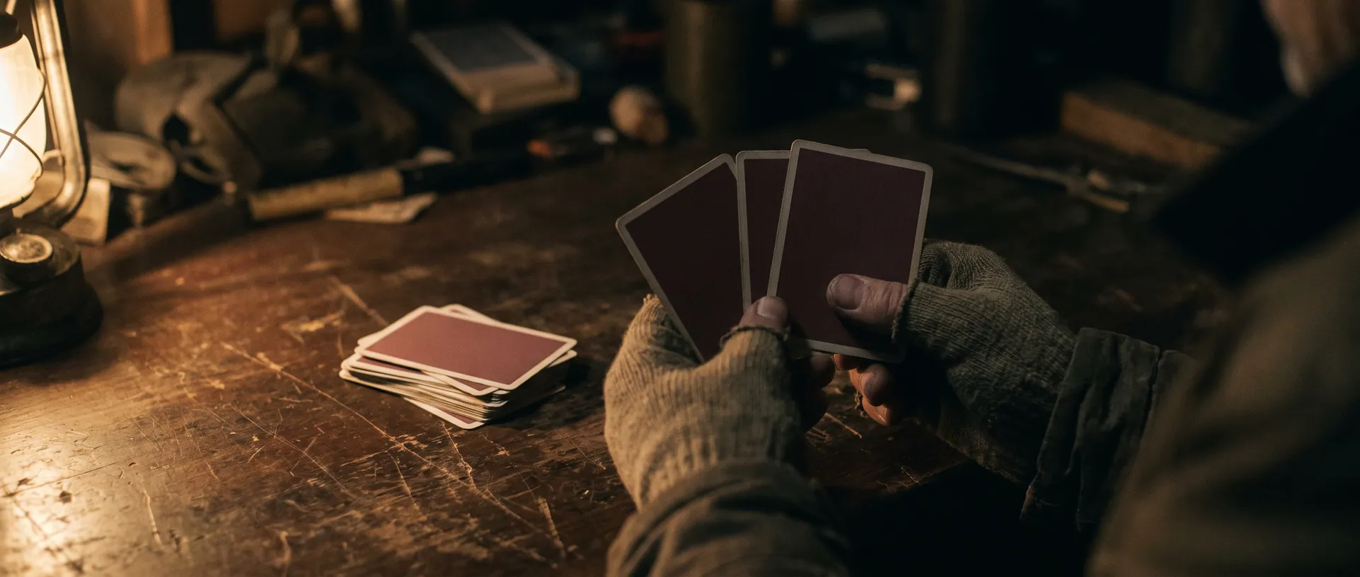 Manos sosteniendo tres cartas boca abajo sobre una mesa de madera gastada, de noche, con la luz tibia de un farol de costado