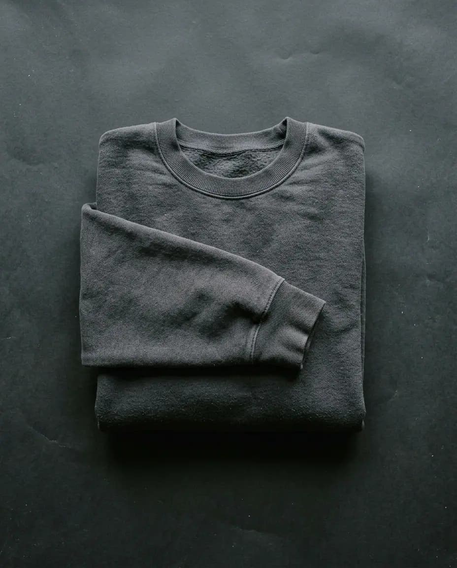 Buzo de cuello redondo gris oscuro doblado sobre un fondo de papel oscuro