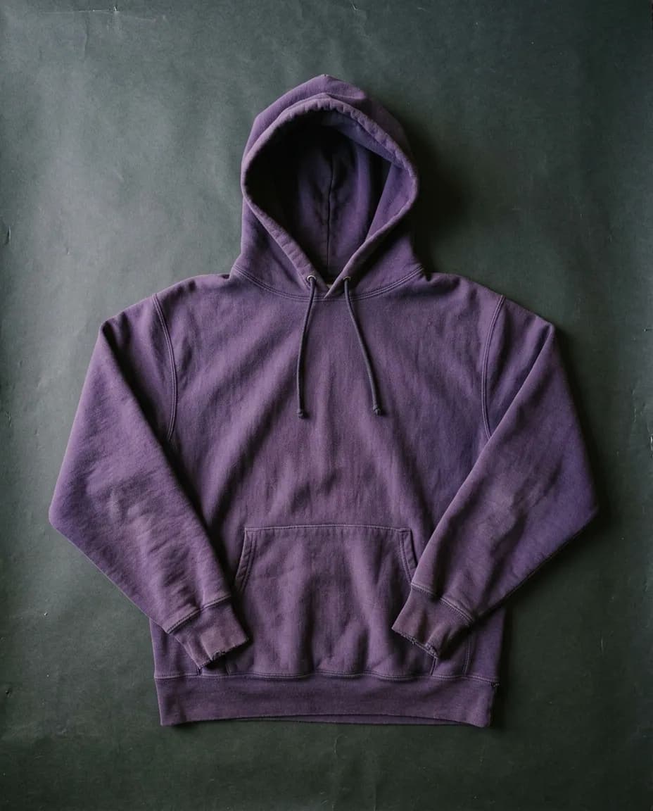 Buzo con capucha morado extendido sobre un fondo de papel oscuro