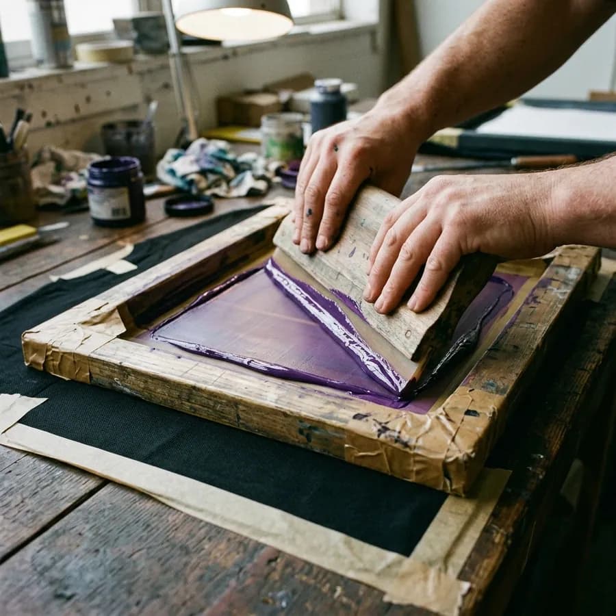 Manos pasando la espátula con tinta morada sobre el bastidor de serigrafía, encima de una tela negra