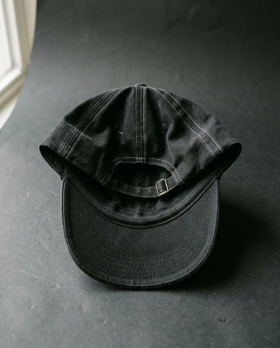 Gorra de algodón negra apoyada sobre una superficie oscura