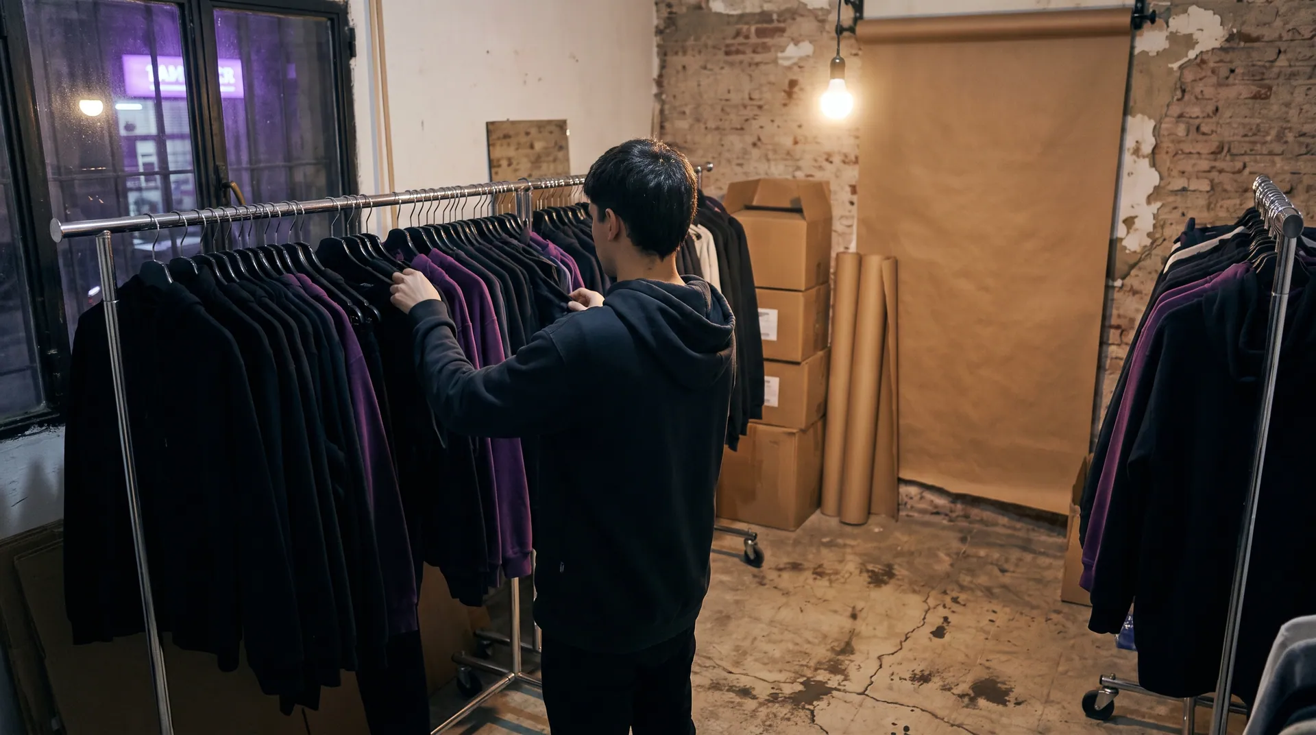 Perchero con prendas negras y moradas en un taller de ropa de noche, visto desde atrás