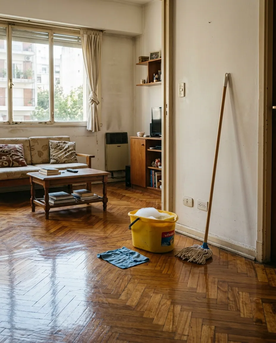 Living de un departamento con el parqué recién lustrado reflejando la luz de la ventana, un balde amarillo con espuma y un trapo de piso doblado al lado del zócalo.