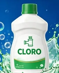 Botella de cloro Powerclean de 1 litro, blanca con tapa verde y la etiqueta verde y blanca.