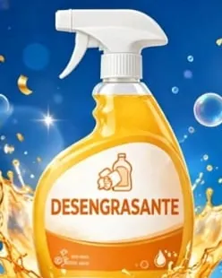 Rociador de desengrasante Powerclean naranja, con la etiqueta blanca y una salpicadura de líquido ámbar detrás.