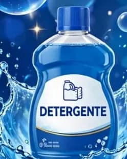 Botella de detergente Powerclean de 1 litro, celeste, con la etiqueta blanca y un chorro de agua detrás.