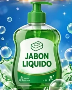 Dispensador de jabón líquido Powerclean de 1 litro, verde, con burbujas alrededor.