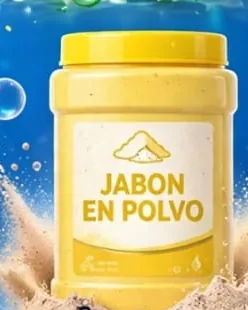 Pote de jabón en polvo Powerclean de medio kilo, amarillo, con polvo derramado en la base.