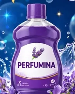 Botella de perfumina Powerclean de 1 litro, violeta, con ramitas de lavanda a los costados.