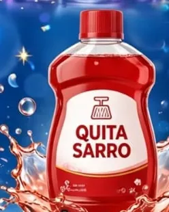 Botella de quitasarro Powerclean de 1 litro, roja, con una salpicadura del mismo color detrás.