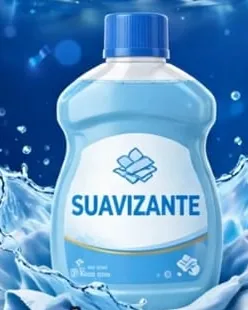 Botella de suavizante Powerclean de 1 litro, celeste clara, apoyada sobre una tela doblada.