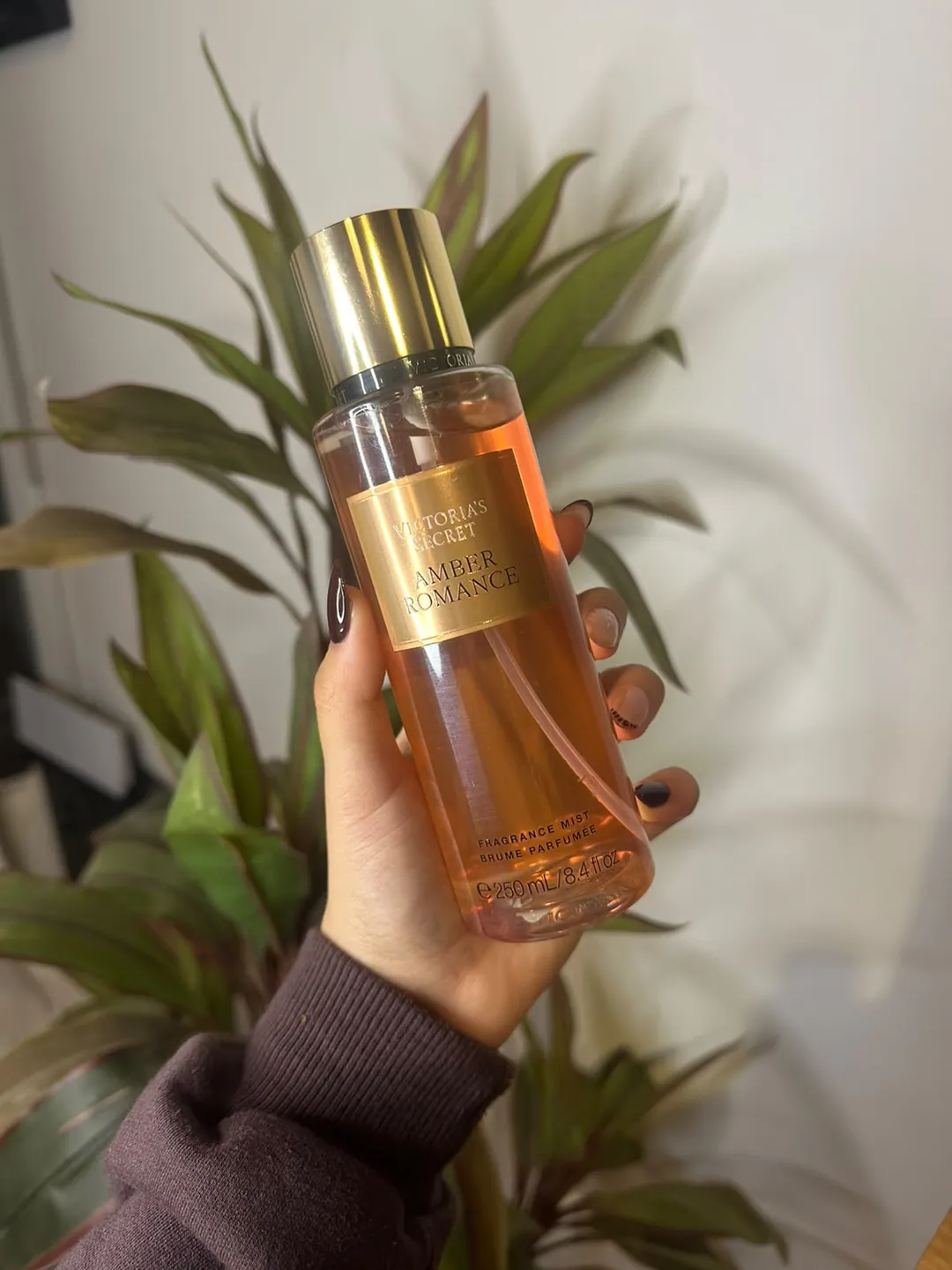 Frasco de body splash Victoria’s Secret Amber Romance, ámbar dorado, sostenido en la mano frente a una planta