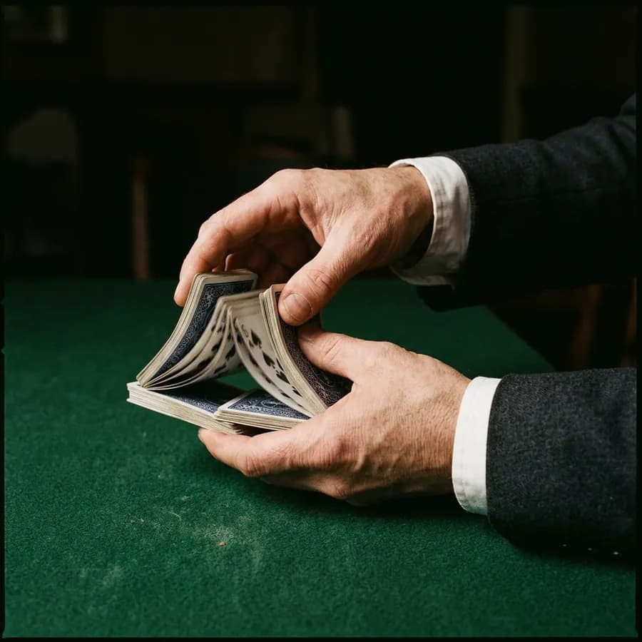 Manos de un repartidor mezclando un mazo de cartas a la altura del paño