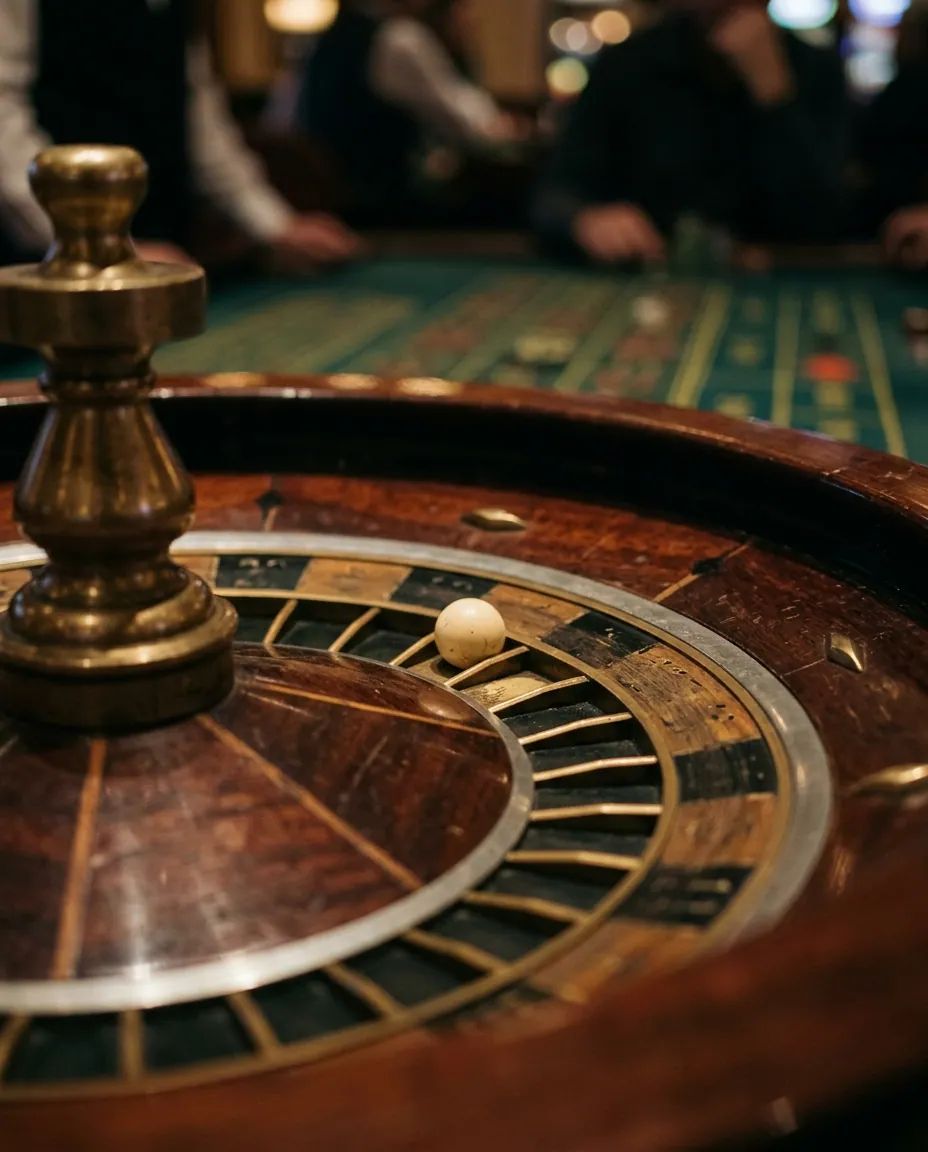 Detalle de una ruleta de madera y bronce con la bolilla descansando en una casilla